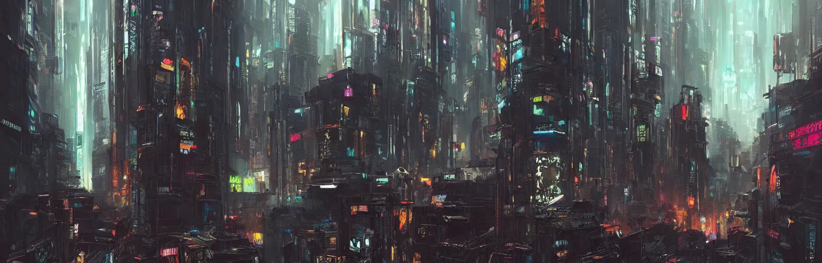 Prompt: a painting of a cyberpunk city trending on artstation in the style of greg rutkowski and banksy