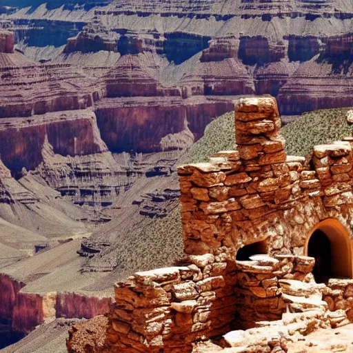 Prompt: a castle made of stones in the Grand Canyon yet to be discovered