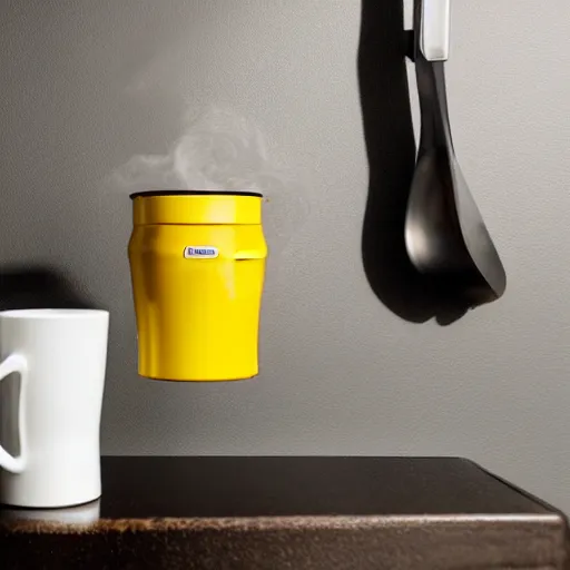 Image similar to yellow coffee mug full of steaming coffee, mugs surface is made of rimowa aluminium suitcase,