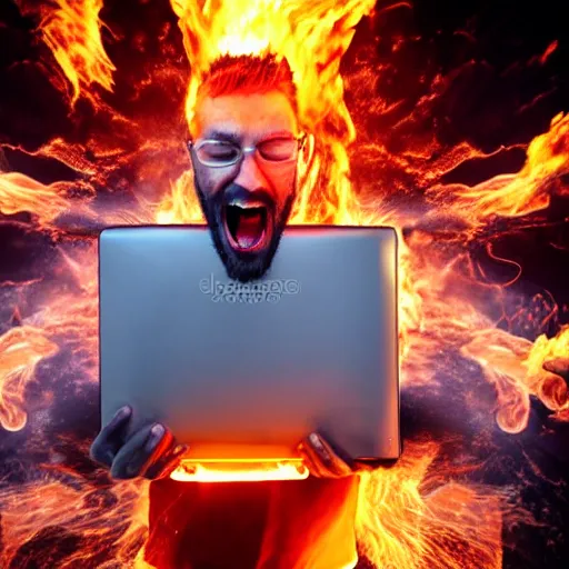 Prompt: a man holding a laptop screaming in rage as flames emerges from his hair, stock photo, realistic, hdr, clear image, hdd, dynamic lighting, rtx on,