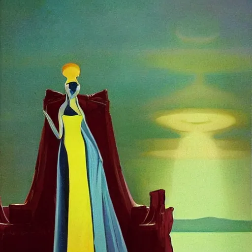 Prompt: an oil painting of a queen in a thierry mugler dress sitting on a throne, by bruce pennington, by ( ( ( eyvind earle ) ) ), nicholas roerich!!, by frank frazetta, by georgia o keeffe, by dean cornwell!!!, eerie, ominous, baghdad, oriental