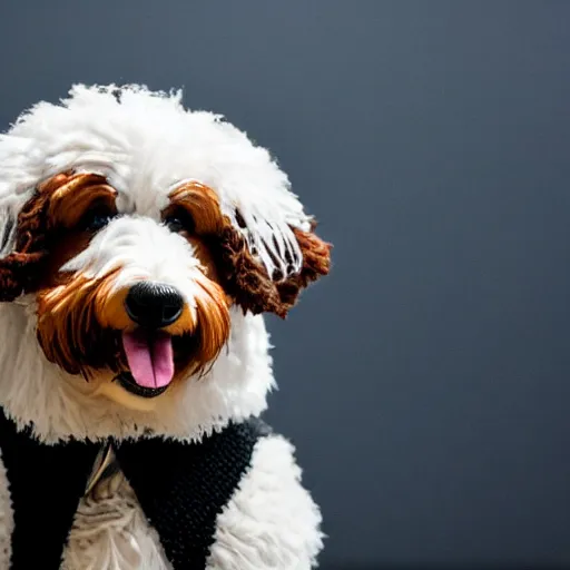 Image similar to a closeup photorealistic photograph of a cute smiling knitted bernedoodle judge dog dressed in a black gown, presiding over the courthouse. indoors, professional capture, well lit shot. this 4 k hd image is trending on artstation, featured on behance, well - rendered, extra crisp, features intricate detail, epic composition and the style of unreal engine.