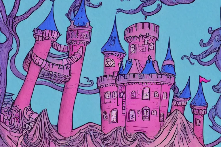 Prompt: a drawing of a pink and blue castle, a storybook illustration by dr seuss, tumblr, psychedelic art, concept art, storybook illustration, whimsical