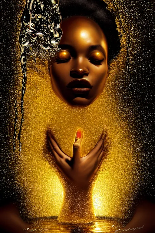 Image similar to hyperrealistic post - romantic cinematic very expressive! black oshun goddess, in water up to her shoulders, mirror dripping droplet!, gold flowers, highly detailed face, digital art masterpiece, smooth eric zener cam de leon chiaroscuro pearlescent teal light, tilt angle uhd 8 k, sharp focus