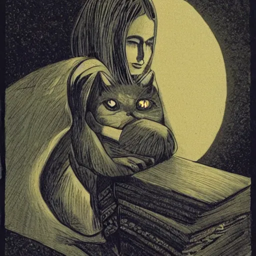 Image similar to it features a woman sitting with a cat on her lap. the woman is a bit spooky looking... her eyes glow with an unearthly light. indeed, she is nearly demonic.