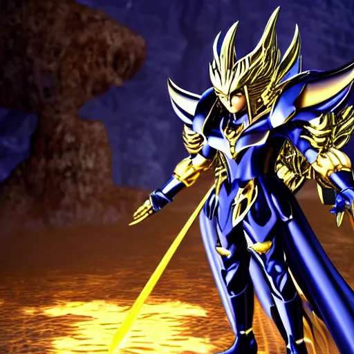 Image similar to full shot of angry darkness Saint Seiya knight at moonlight, wearing golden Cat armor, inspired by Masami Kurumada, detailed, unreal engine 4k volumetric light, fog,