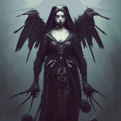 Prompt: modest robed dark raven angel with iridescent black raven wings, character portrait by Peter Mohrbacher, Mark Brooks, Jim Burns, Marina Abramović, Wadim Kashin, Greg Rutkowski, Davey Baker, trending on Artstation