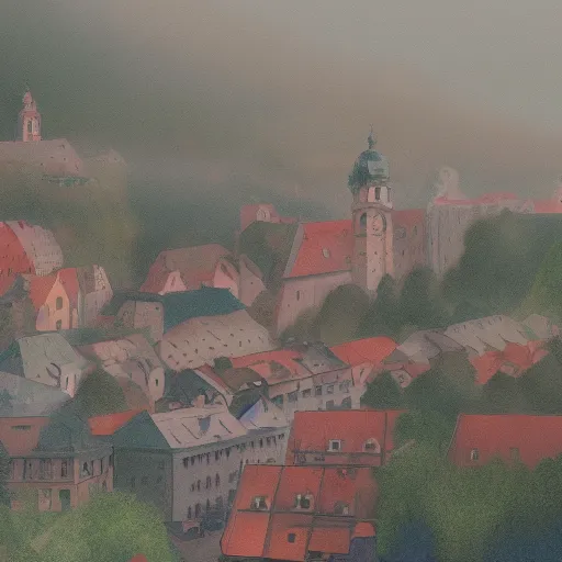 Image similar to old czech city Decin green and red tones, by Aron Wiesenfeld and beksincki, cinematic, detailed illustration, nature, fog, dark colors, suspense, intricate, 8k