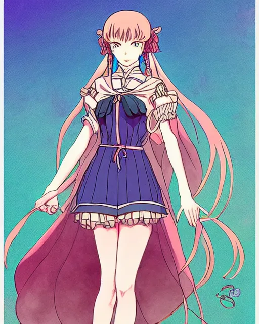 Image similar to cel - shaded anime character, full body design of beautiful fantasy warrior girl in the style of studio ghibli, moebius, ayami kojima, atelier lulua, clean linework