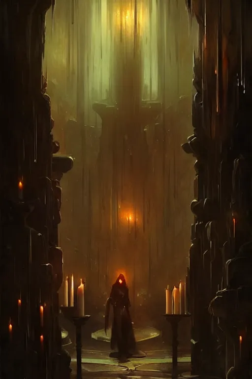 Image similar to dreamy dark hall with candles and dripping wax, fantasy art by bayard wu, trending on artstation, camille corot, stephan martiniere