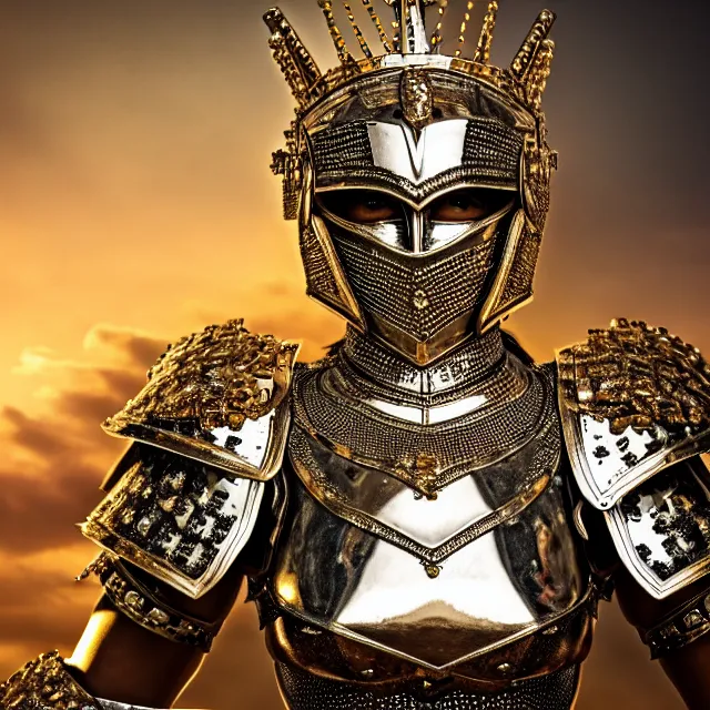 Image similar to full body photo of a beautiful cute strong warrior queen wearing diamond encrusted armour, highly detailed, 8 k, hdr, smooth, sharp focus, high resolution, award - winning photo