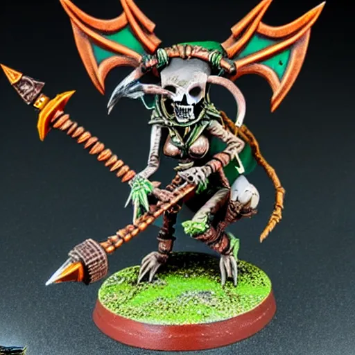 Image similar to photo of a female skaven from warhammer, skull shield, warhammer model, figurine, highly detailed, sharp focus, front lightning,