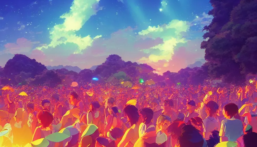 Image similar to A highly detailed digital art painting of a music festival with a bright shimmering sky by Studio Ghibli, Mokoto Shinkai, by Artgerm, by beeple, volumetric lighting, octane render, 4K resolution, trending on artstation, vivid colours