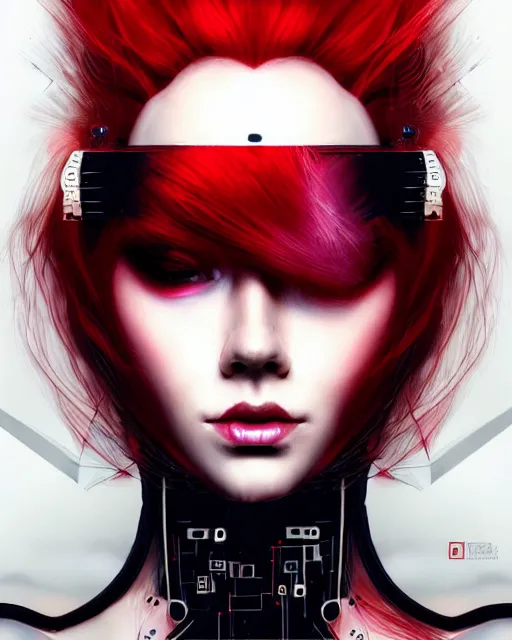 Prompt: red-haired cyberpunk beauty portrait, robotic couture, circuitry and electrical wiring, gorgeous cyborg mechanical art, by Artgerm and WLOP, artstation, black red ink smoke