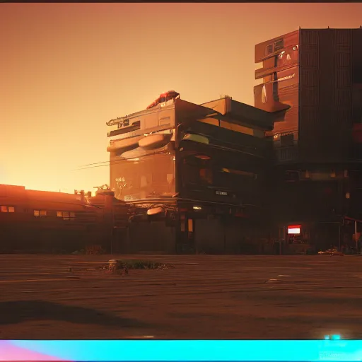 Image similar to octane render of a cyberpunk western, angular, beeple, earth tone color scheme, cgsociety