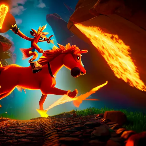 Image similar to crash bandicoot riding pegasus flying through a ring of fire, photo realistic, dramatic cinematic lighting, octane render, 4k, ultra detailed,