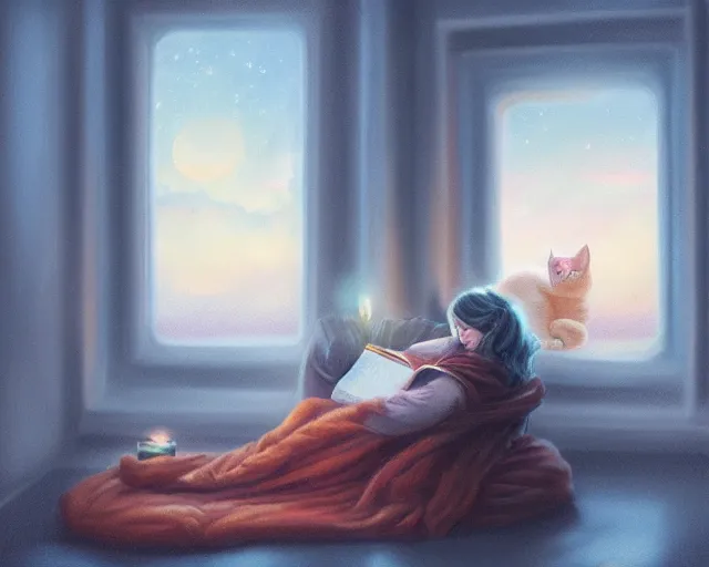 Prompt: a realistic beautiful warm matte painting of a woman curled up with a blanket reading a good book next to her friendly cat who is purring with eyes closed. they are both sitting next to a window as the sun sets in winter, by ross tran, trending on artstation