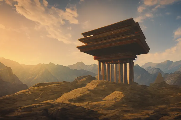 Image similar to geometric solar temple in mountains, trending on artstation, cinematic, artwork by Gurney, James