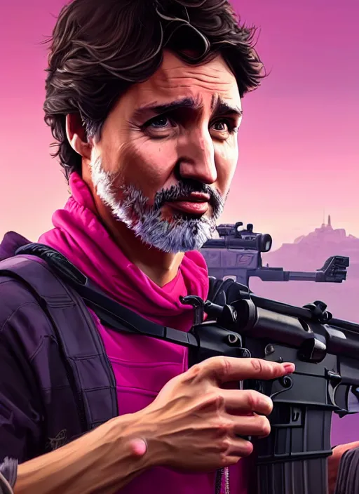 Prompt: highly detailed portrait justin trudeau in ( ( fuschia hoody ) ) holding ar - 1 5! in gta v stephen bliss unreal engine fantasy art by greg rutkowski loish rhads ferdinand knab makoto shinkai lois van baarle ilya kuvshinov rossdraws tom bagshaw global illumination radiant light detailed intricate environment