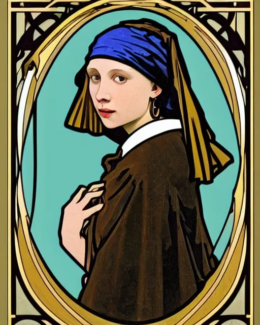 Image similar to A Girl with a pearl earring by Alphonse Mucha, detailed,Art Nouveau, Neo-Gothic, gothic, rich deep moody colors background.