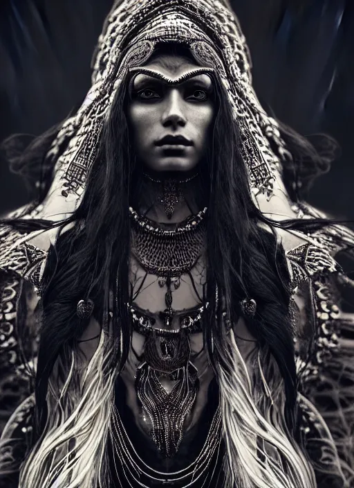 Prompt: a fierce nubile young woman with reflections in her eyes and dark wavy hair, wearing a intricate dark shaman costume, clear skin, elegant, graceful, fashionable, swirling dark energy in background, cinematic, hyperdetailed illustration by irakli nadar and alexandre ferra, intricate linework, depth of field, global illumination,