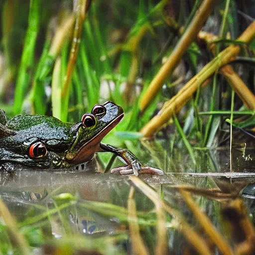 Image similar to “ alex jones in a swamp being chased by dozens of angry frogs, photography, high resolution ”