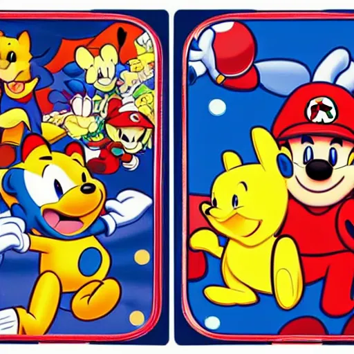 Image similar to photograph of winnie the pooh and super mario and sonic the hedgehog anime style, on pokemon card packs at target