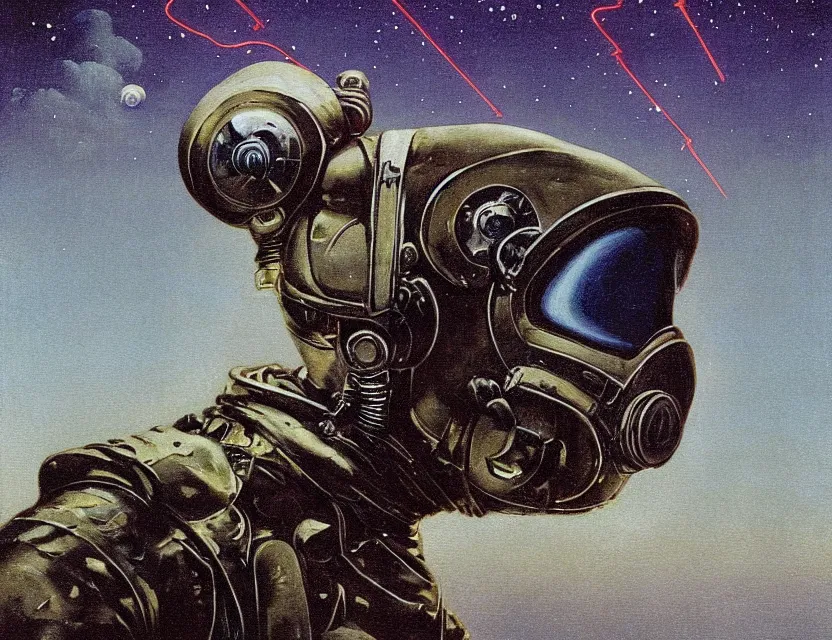 Image similar to a detailed portrait painting of a lone space pilot wearing a gasmask and laser eyes. Head and chest only. Movie scene, cinematic sci-fi scene. Flight suit, cloth and metal, accurate anatomy. portrait symmetrical and science fiction theme with lightning, aurora lighting. clouds and stars. Futurism by beksinski carl spitzweg moebius and tuomas korpi. baroque elements. baroque element. intricate artwork by caravaggio. Oil painting. Trending on artstation. 8k