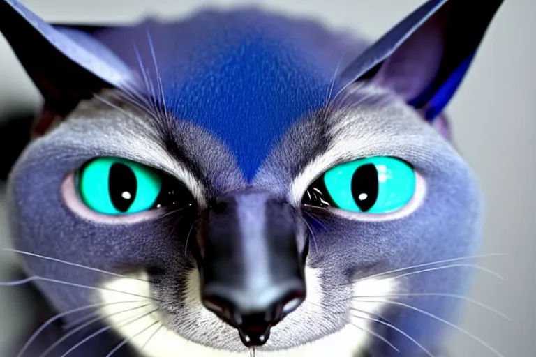 Image similar to a blue - and - black male catbat fursona with blue / green heterochromatic eyes and huge bat ears, photo of the catbat on his computer