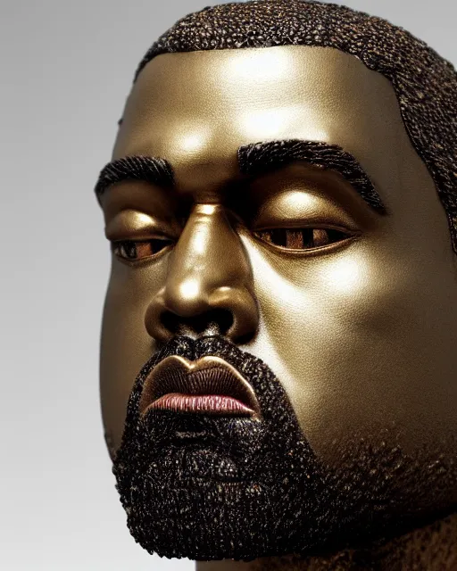 Image similar to highly detailed closeup, face profile portrait of a kanye west as a solid gold statue, depth of field, nicoletta ceccoli, mark ryden, lostfish, max fleischer, breathtaking, detailed and intricate environment, 8 k resolution, hyperrealistic, octane render