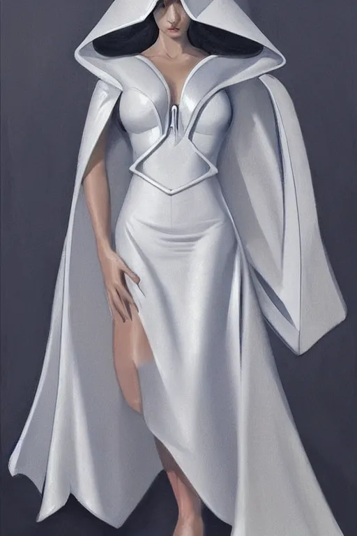 Image similar to detailed beautiful noun in opened white gold blue coat, seductive confident pose, attractive feminine curves, intricate details, futuristic, alien, elegant cape, elegant, photorealism, trending on artstation, holy halo, advanced technology, art by moebius and vitaly bulgarov and chanthara