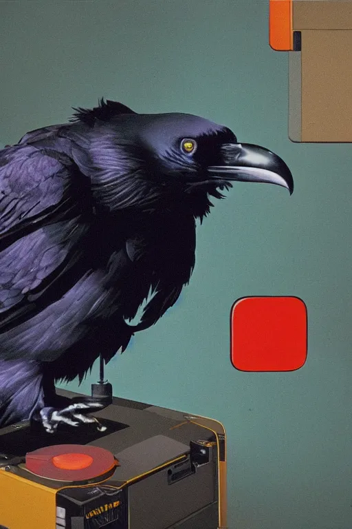 Image similar to a raven investigating 8 0 s era technology, vintage shapes, retro technology, pantone color, wayne barlow, oil on canvas, deep depth of field, masterpiece, cinematic composition, hyperdetailed