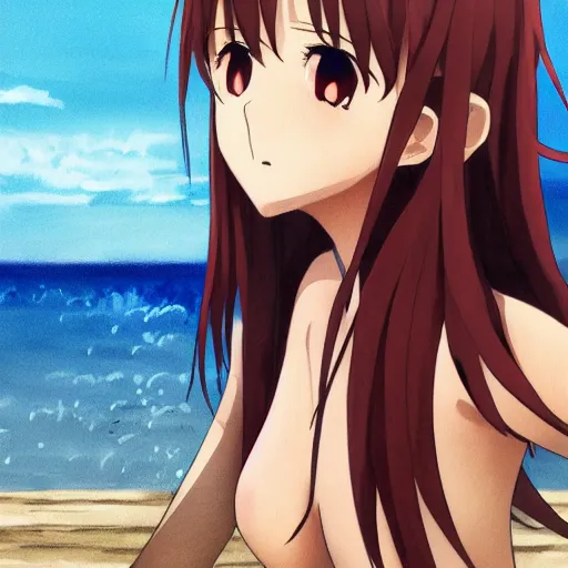 Image similar to wlop art: yuuki asuna sitting at the beach watching saturn in the sky