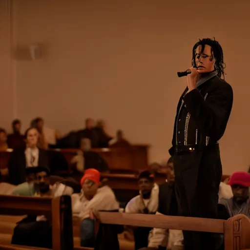 Image similar to cinematic still of Michael Jackson preaching at a Baptist Church in Rural Tennessee, close up, shallow depth of field, directed by Jordan Peele, cinematic