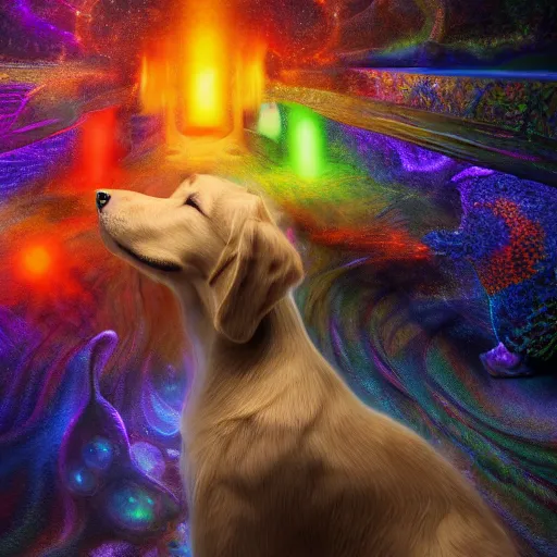 Prompt: portrait ultra dimensional dog entity, accidentally tripping on dmt and acid, psychedelic experience, overwhelming psychosis of self realization and burning awakening, ultra high definition, unreal engine 5, hyperrealism, masterpiece composition, by barclay shaw 8 k photorealistic