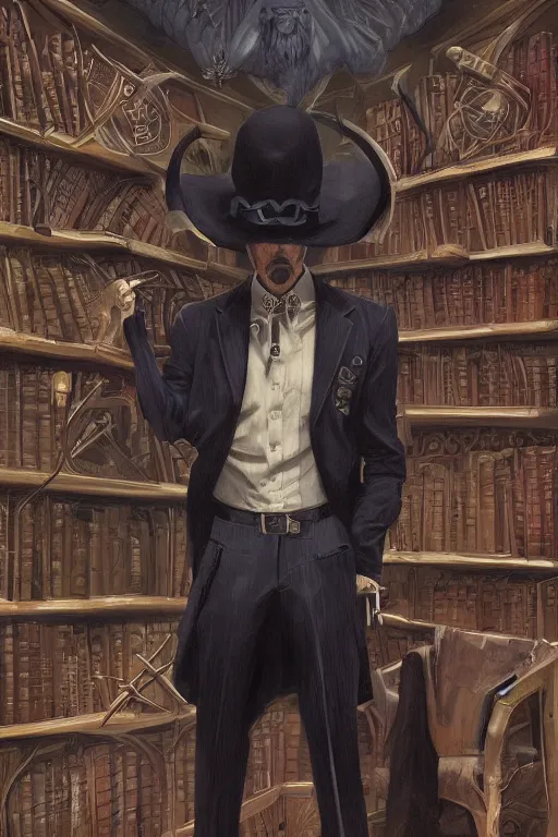 Prompt: heroic urban fantasy character study, modern occultist, realistic sharp details, magical realism, tailored suit and hat, rpg book portrait, haunted library background, by greg rutkowski and larry elmore