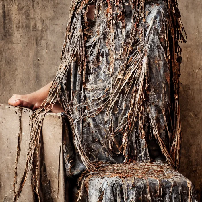 Image similar to a closeup portrait of a woman wearing a cloak made of rusted nails and ribbons, staring at an empty chair, derelict home, photograph, by vincent desiderio, canon eos c 3 0 0, ƒ 1. 8, 3 5 mm, 8 k, medium - format print