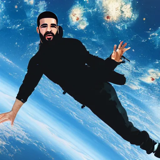 Prompt: drake floating in space, highly intricate, hyper realistic, 8 k