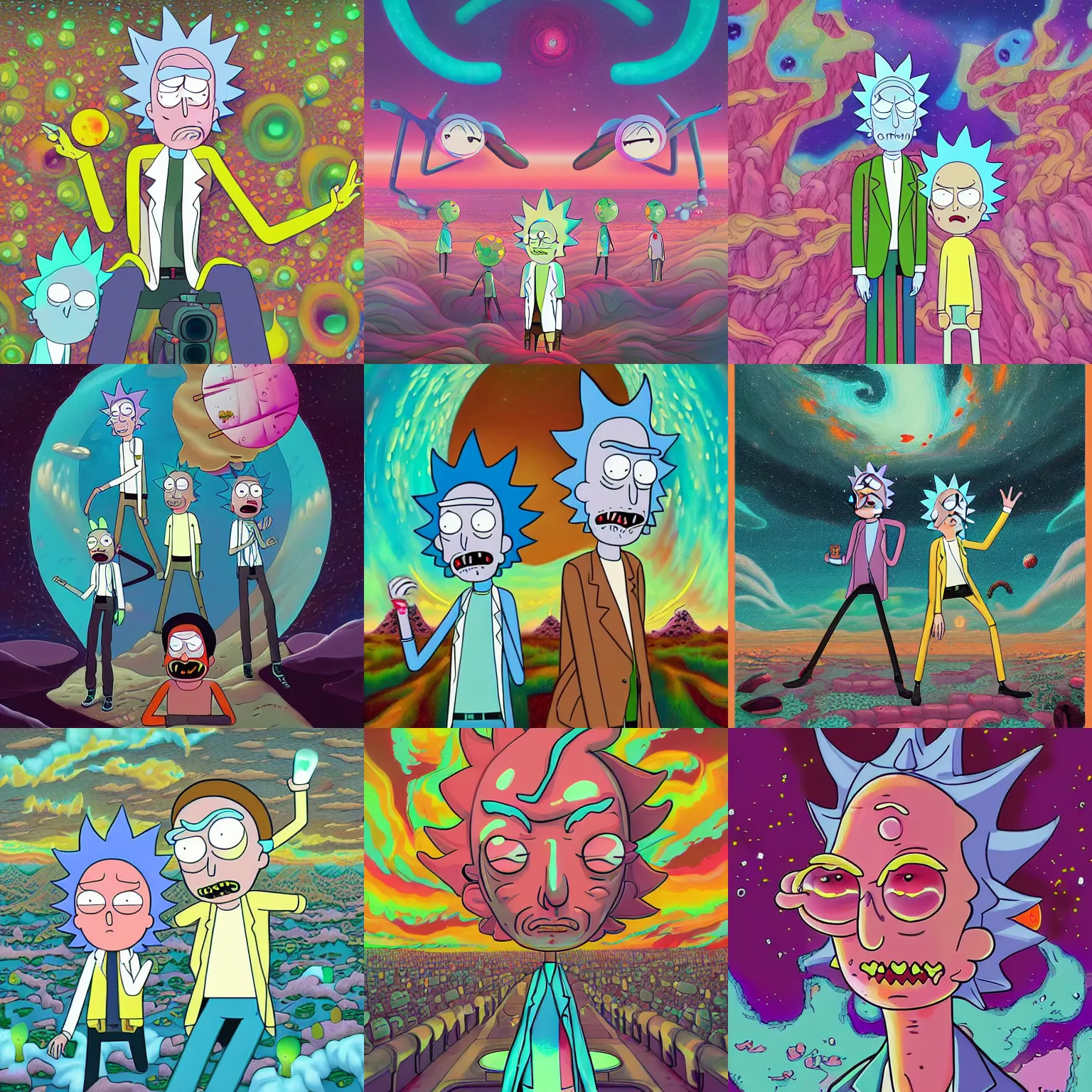Prompt: digital painting of rick and morty by james jean, hikari shimoda, mark ryden in the style of surrealism, dmt art, artstation