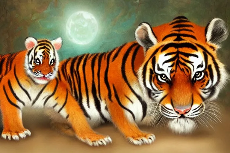 Image similar to beautiful aesthetic digital illustration of a singular female tiger with her of newborn cub by Lisa Parker and Anne Stokes, matte background, deviantArt, artstation, trending on artstation