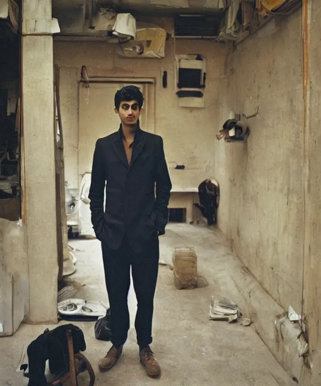 Prompt: a color photograph of persian young man in his workplace, by nan goldin, out of place, intense, bold, exaggerated, over proportion, hyperrealistic, ultra sharp, extra details, ultra high quality, trending on pinteresst