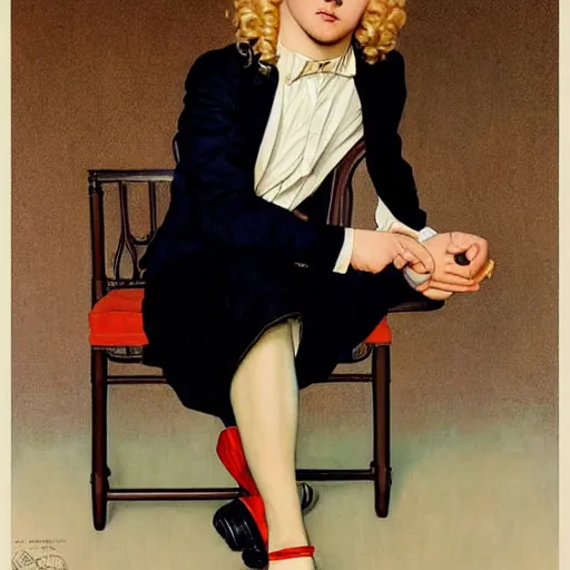 Prompt: beautiful painting of the androgynous pale blond prince Lucius with long curly blond hair, delicate young man wearing a soft white poet shirt and a black miniskirt and heels, pinup poster by J.C Leyendecker and Norman Rockwell