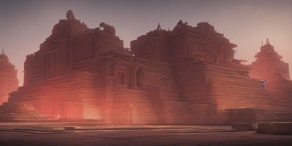 Prompt: Artwork by Beeple of the cinematic view of the Temple of Infernal Writings, Trending on Artstation