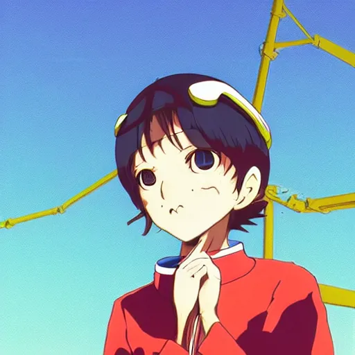 Image similar to anime girl with upturned collars, collar over mouth, blue jacket. cel - shading, 2 0 0 1 anime, flcl, jet set radio future, golden hour, japanese town, concentrated buildings, japanese neighborhood, electrical wires, cel - shaded, strong shadows, vivid hues, y 2 k aesthetic