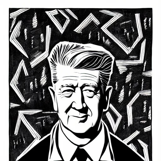 Image similar to portrait of David Lynch by Joe fenton, b&w and yellow