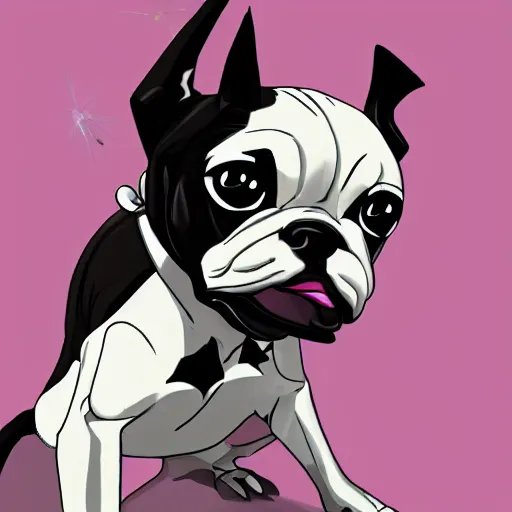 Image similar to iggy of stardust chasers, jojo's bizarre adventure, black and white boston terrier with blue eyes