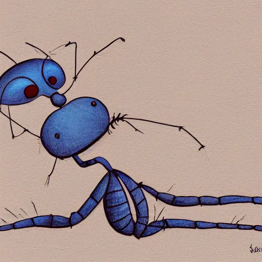 Image similar to a one - eyed blue ant character study with a relaxed stance, pen and ink