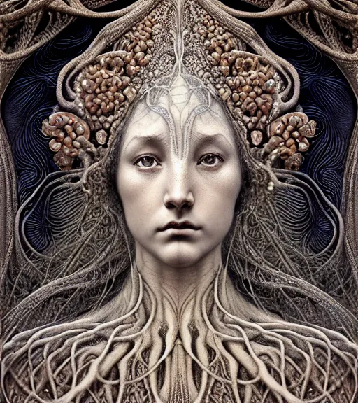 Image similar to detailed realistic beautiful thunder goddess face portrait by jean delville, gustave dore, iris van herpen and marco mazzoni, art forms of nature by ernst haeckel, art nouveau, symbolist, visionary, gothic, neo - gothic, pre - raphaelite, fractal lace, intricate alien botanicals, ai biodiversity, surreality, hyperdetailed ultrasharp octane render