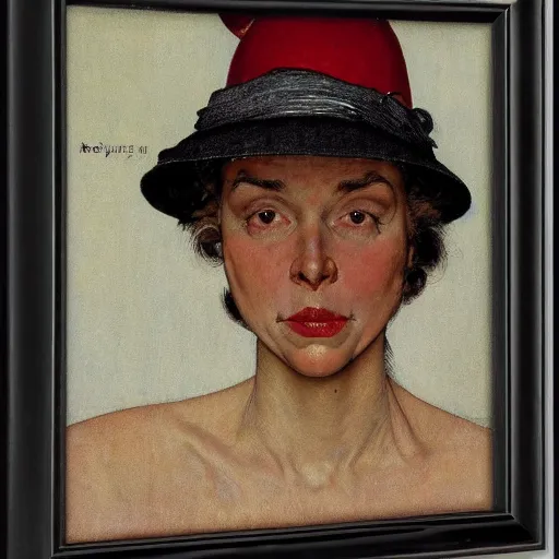 Image similar to frontal portrait of a woman with a hat that covers her eyes, by norman rockwell