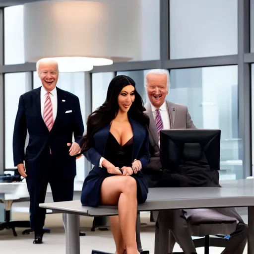 Image similar to stock photo of kim kardashian, and joe biden wearing suits and ties laughing in an office building, 8k resolution, full HD, cinematic lighting, award winning, anatomically correct